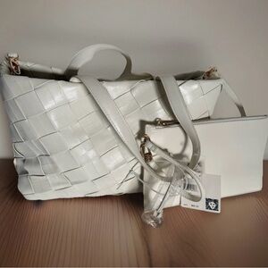 Anne Klein Woven Lg Tote Bag Ivory Vegan Leather w/Cosmetic Bag Crossbody NWT